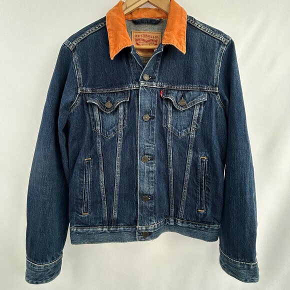 Levi’s Men’s Denim Trucker Jacket with Orange Corduroy Collar – Size Small - Picture 2 of 10